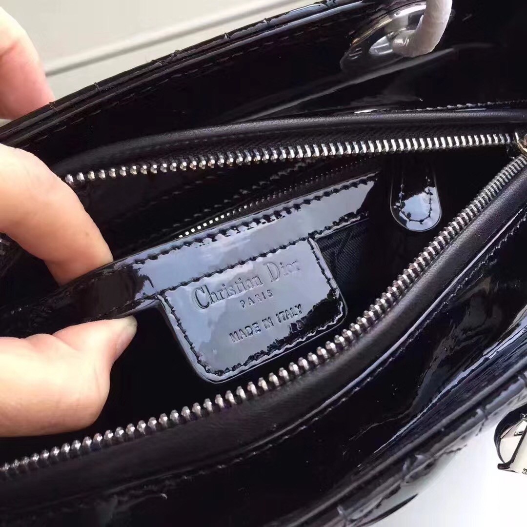 D*or medium lady D*or bag in black patent leather