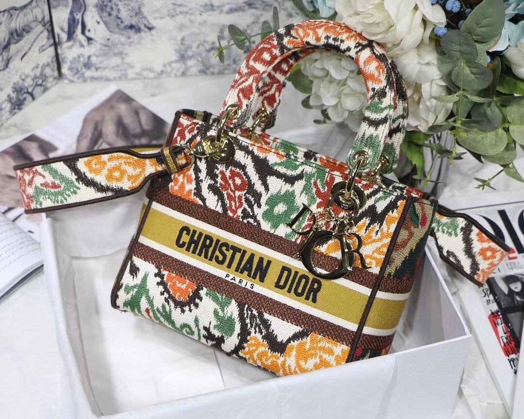 D*or medium lady d-lite bag in yellow multicolor D*or paisley embroidery