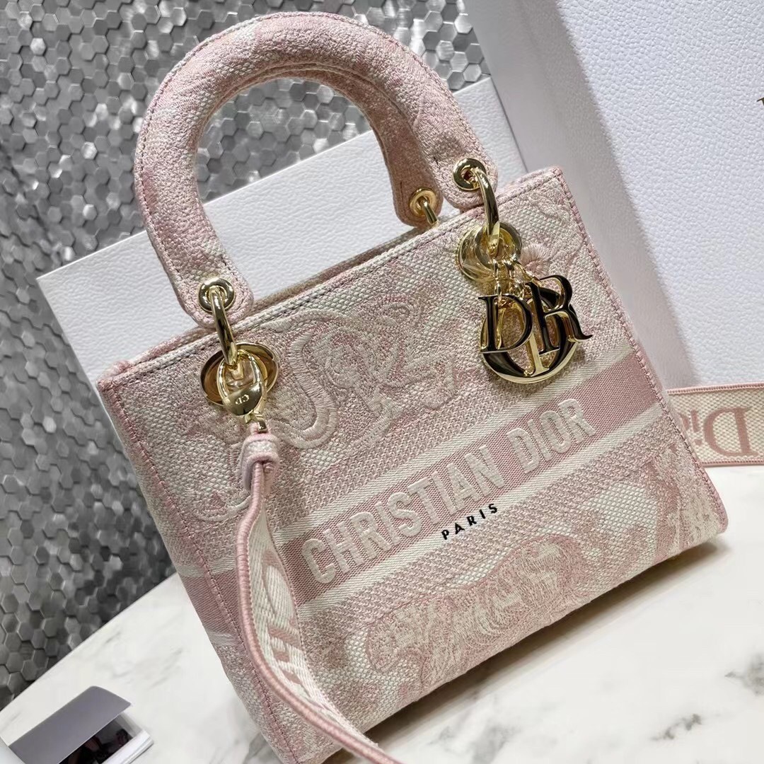 D*or medium lady d-lite bag in pink toile de jouy embroidery