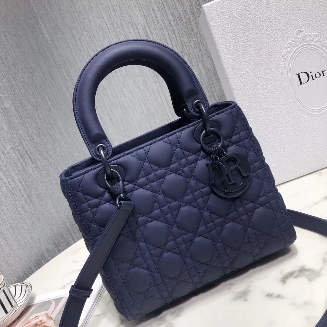 D*or medium lady D*or bag in indigo blue ultra matte calfskin