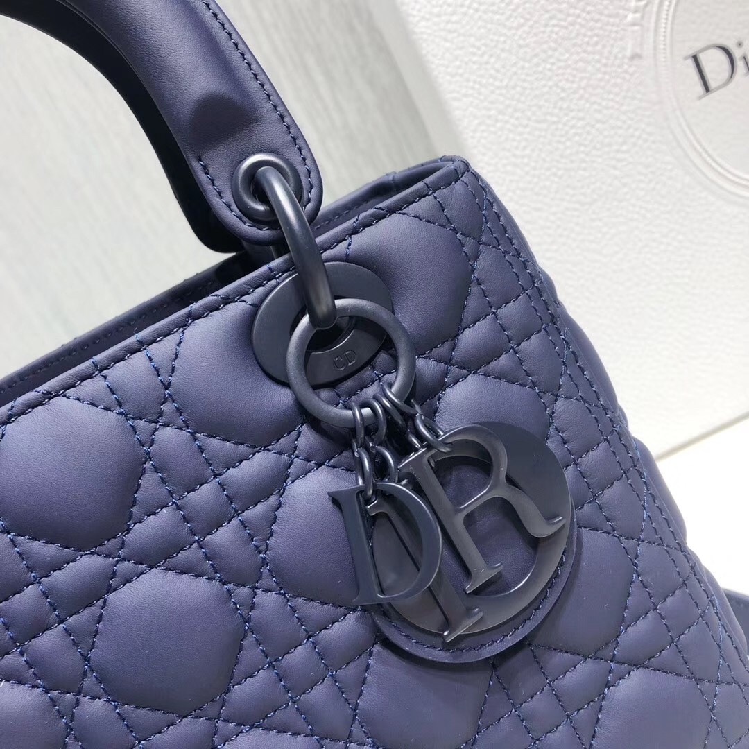D*or medium lady D*or bag in indigo blue ultra matte calfskin