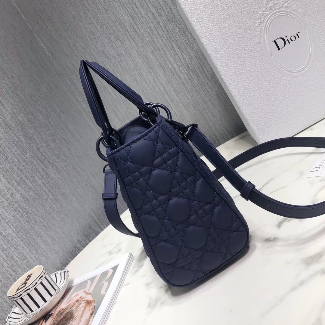 D*or medium lady D*or bag in indigo blue ultra matte calfskin