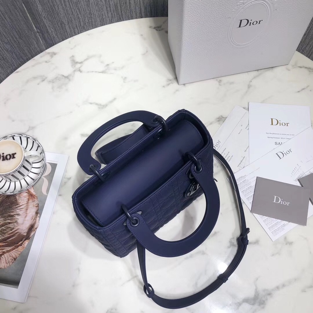 D*or medium lady D*or bag in indigo blue ultra matte calfskin