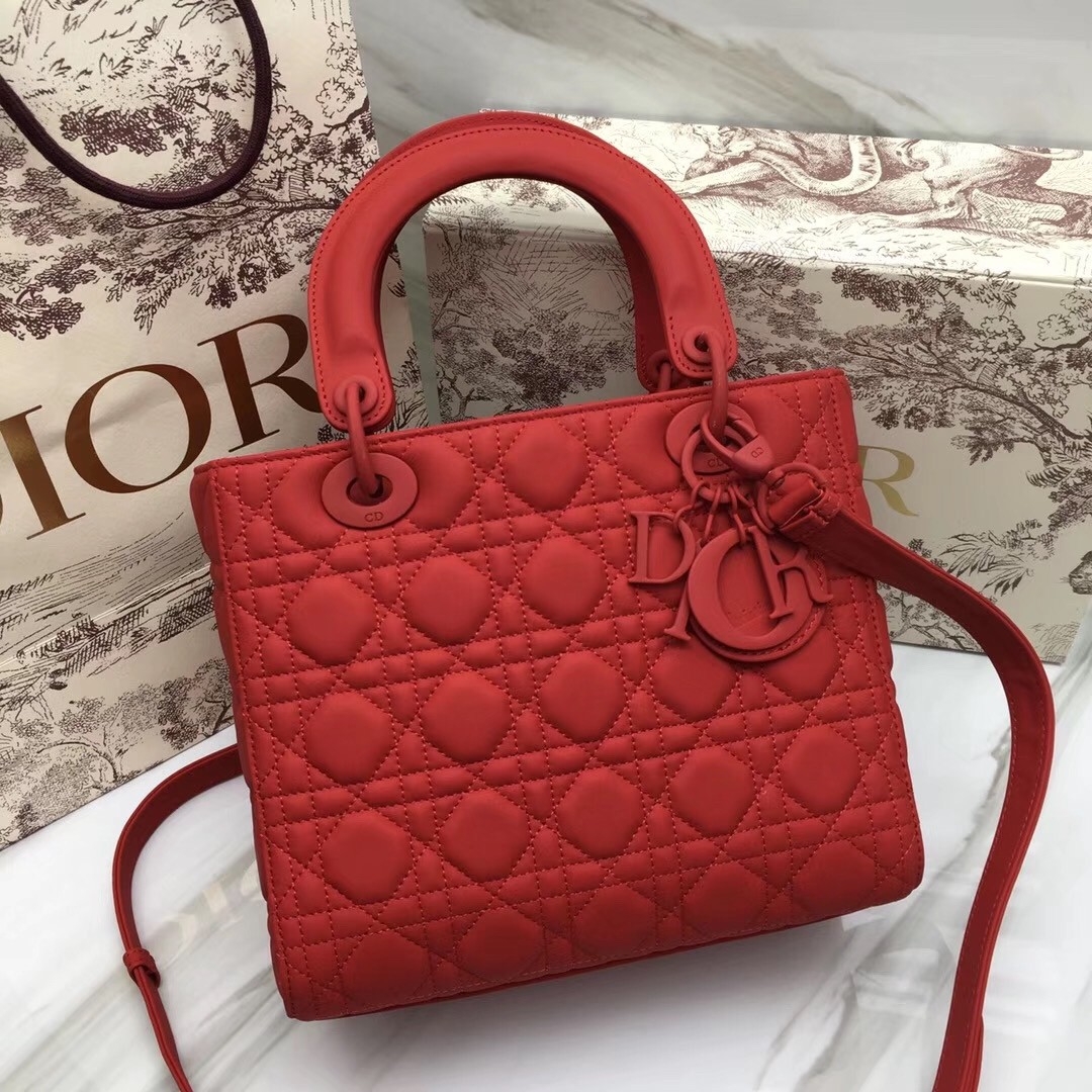 D*or medium lady D*or bag in cherry ultra matte calfskin