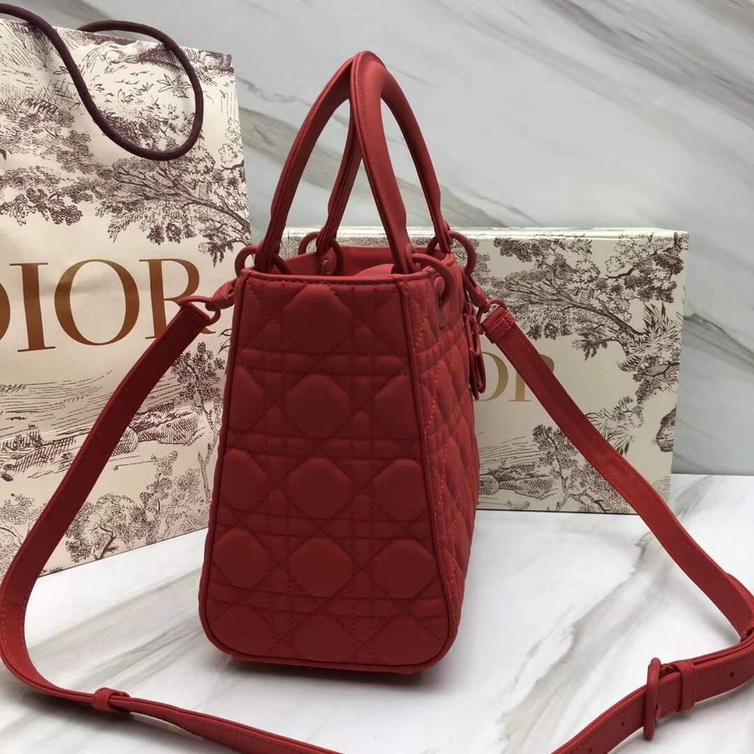 D*or medium lady D*or bag in cherry ultra matte calfskin