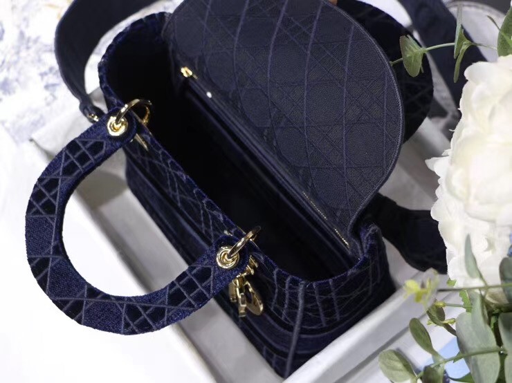 D*or medium lady d-lite bag in blue embroidered velvet