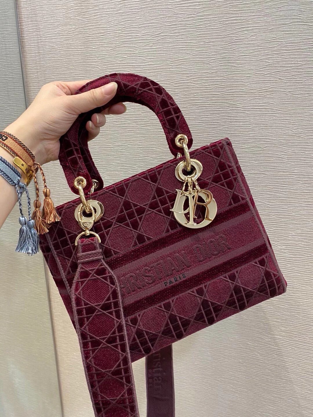 D*or medium lady d-lite bag in bordeaux embroidered velvet