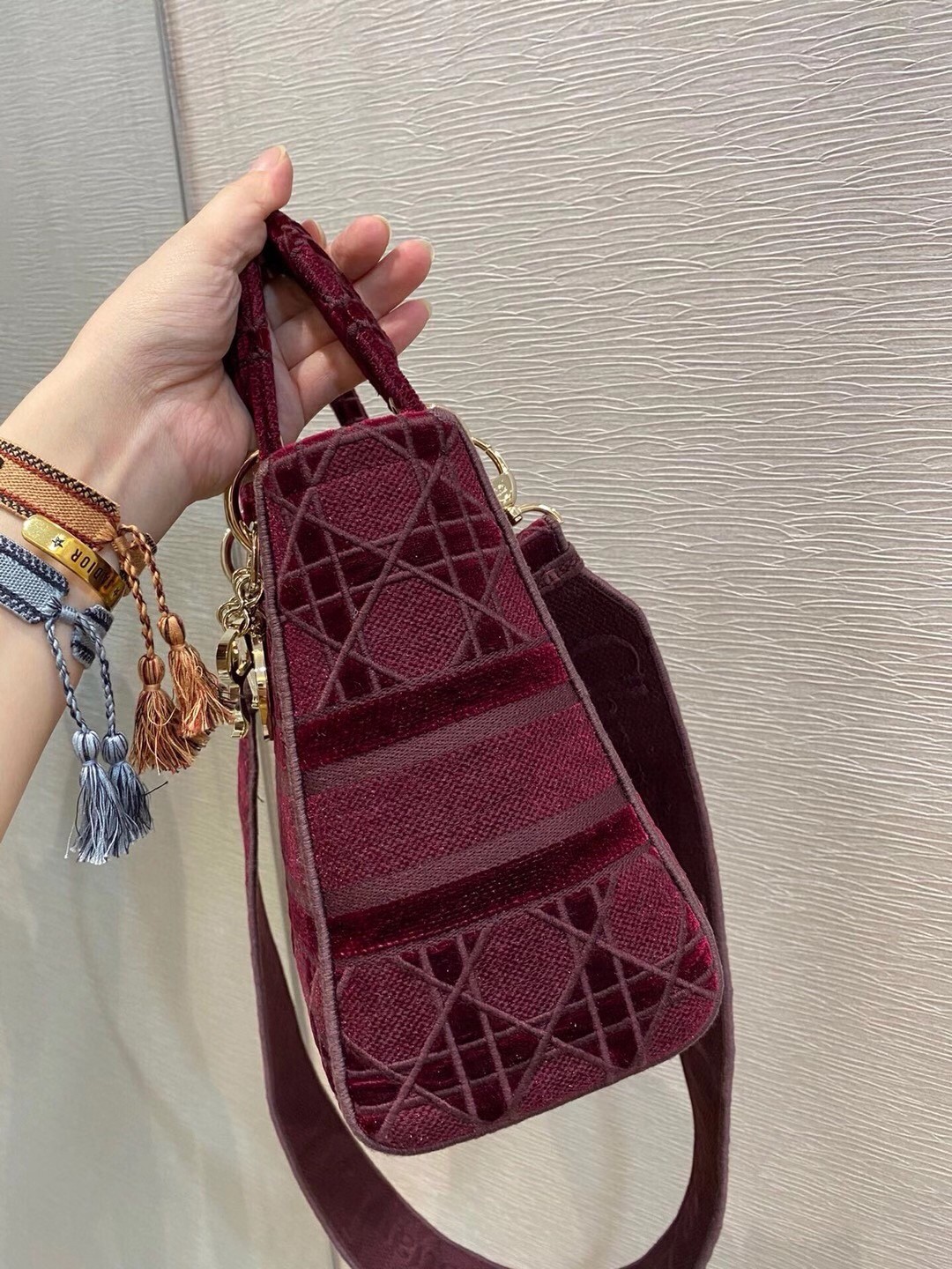 D*or medium lady d-lite bag in bordeaux embroidered velvet