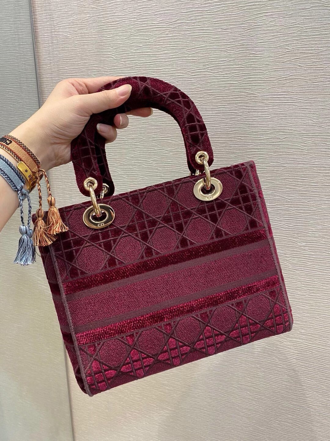 D*or medium lady d-lite bag in bordeaux embroidered velvet
