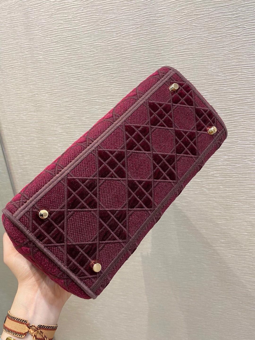D*or medium lady d-lite bag in bordeaux embroidered velvet