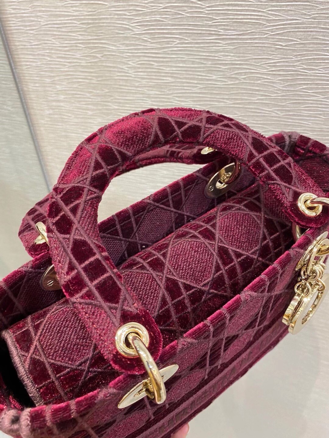 D*or medium lady d-lite bag in bordeaux embroidered velvet