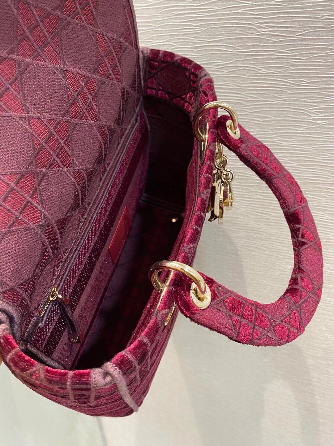 D*or medium lady d-lite bag in bordeaux embroidered velvet
