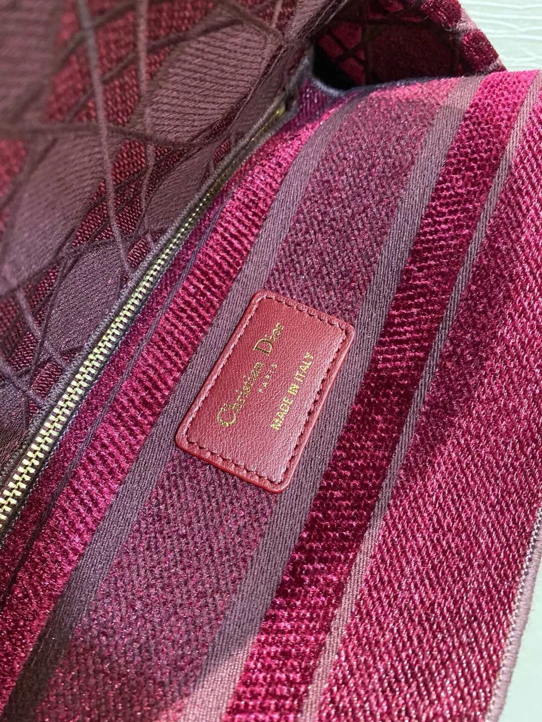 D*or medium lady d-lite bag in bordeaux embroidered velvet
