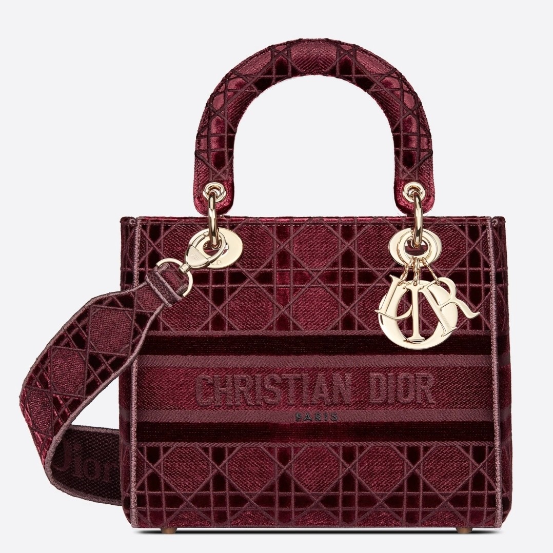 D*or medium lady d-lite bag in bordeaux embroidered velvet