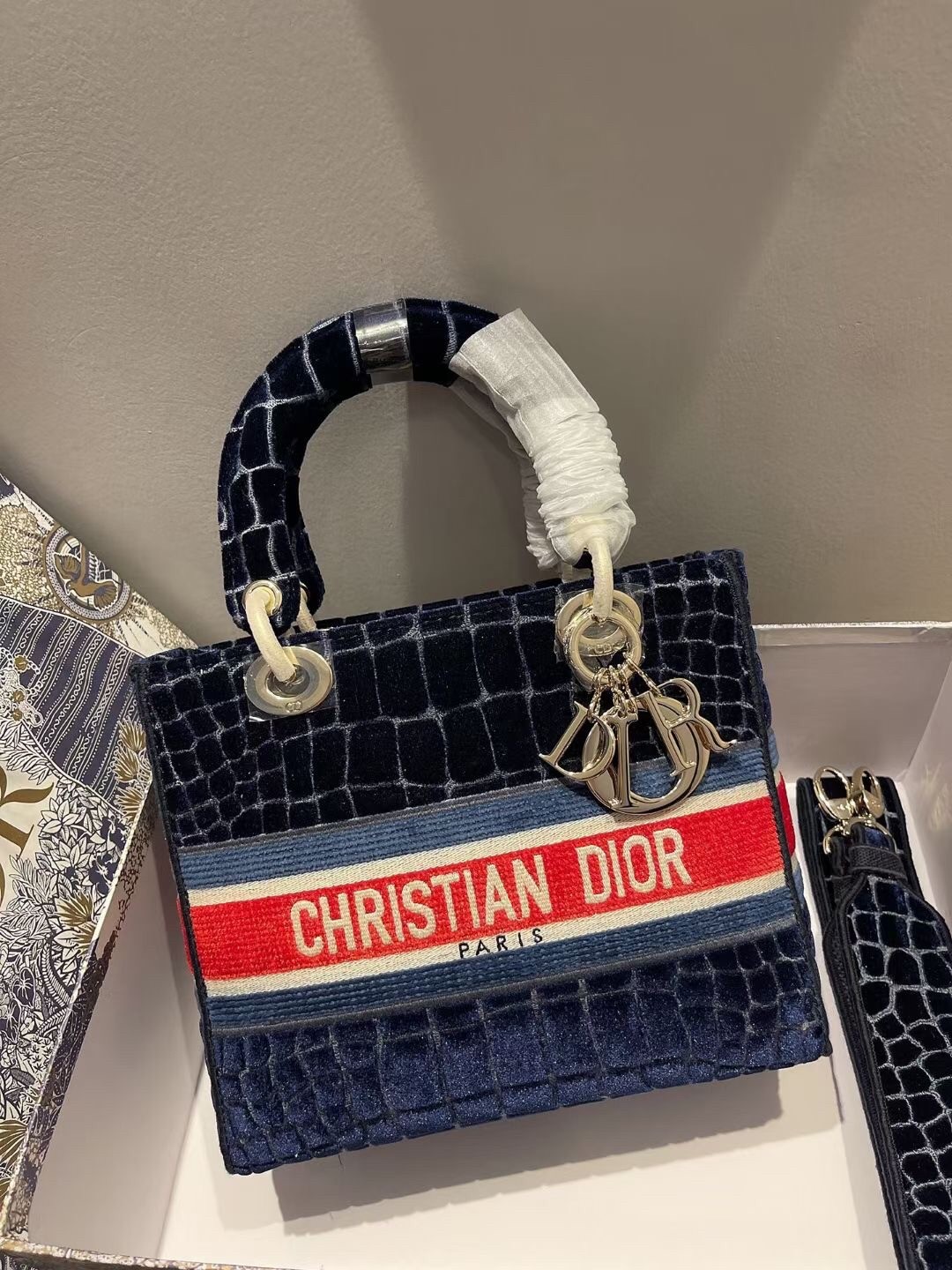 D*or medium lady d-lite bag in blue crocodile embroidered velvet