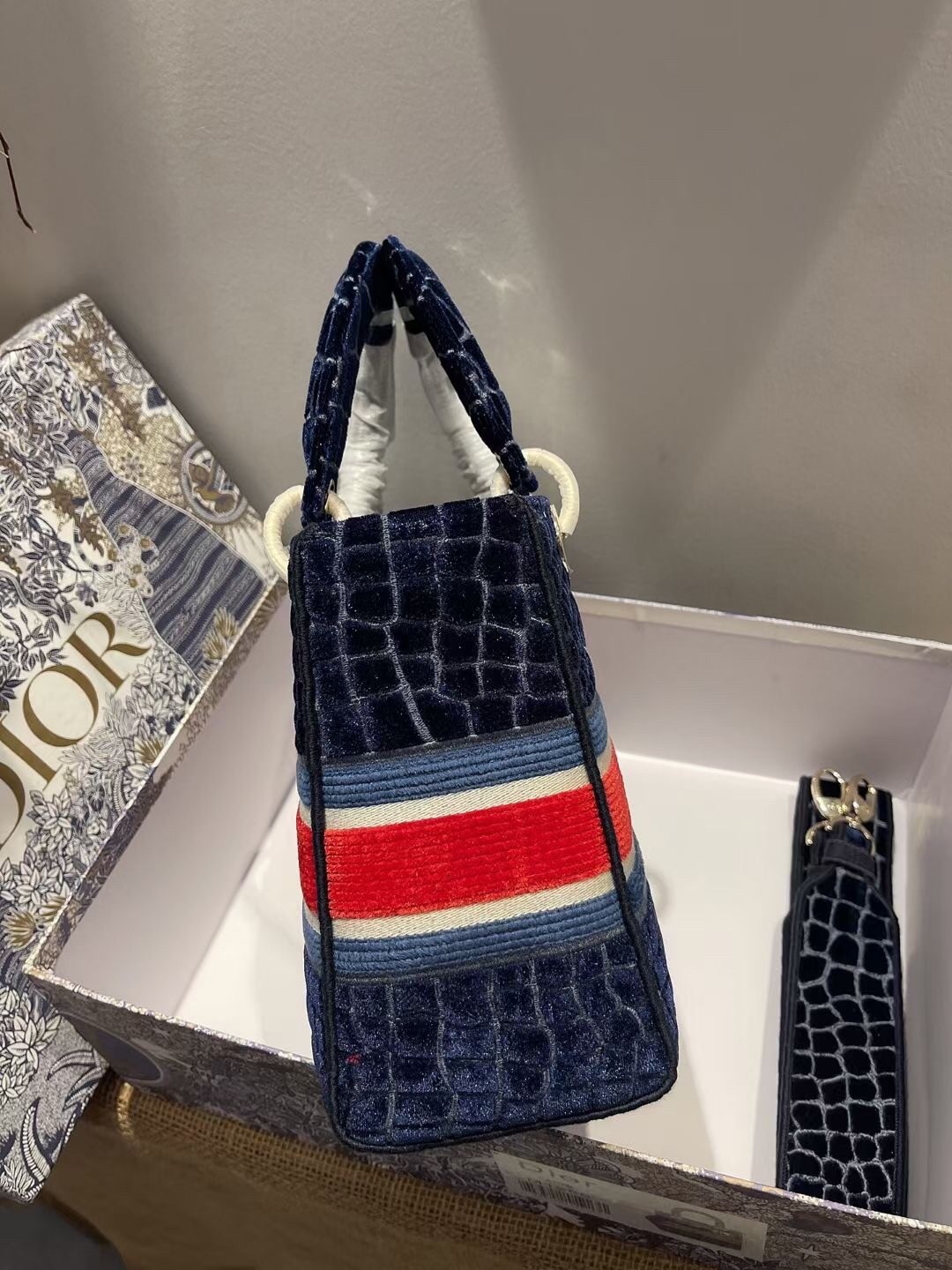 D*or medium lady d-lite bag in blue crocodile embroidered velvet