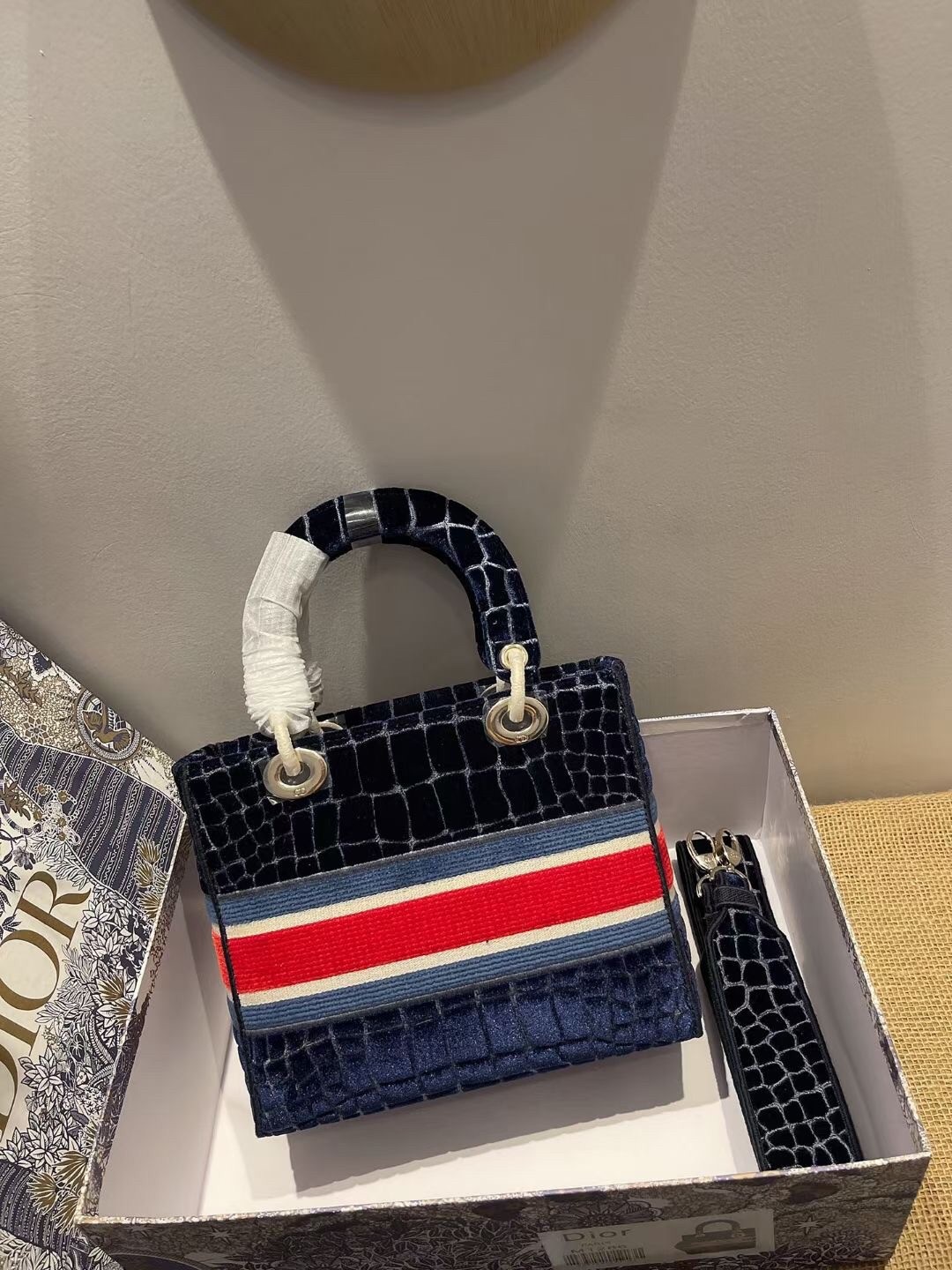 D*or medium lady d-lite bag in blue crocodile embroidered velvet