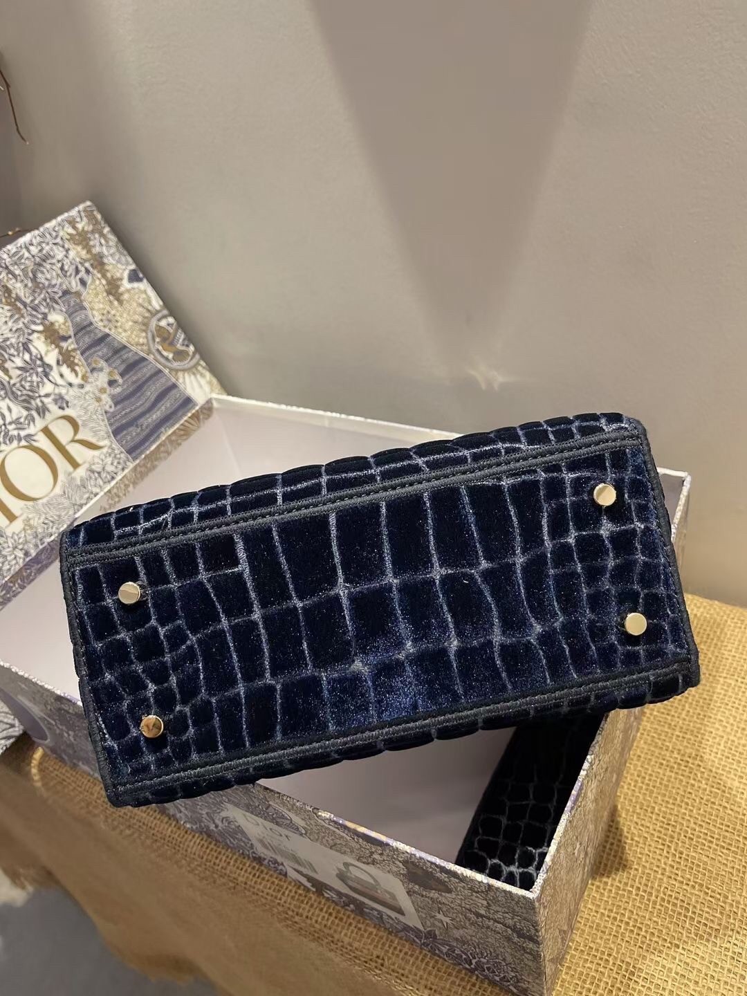 D*or medium lady d-lite bag in blue crocodile embroidered velvet