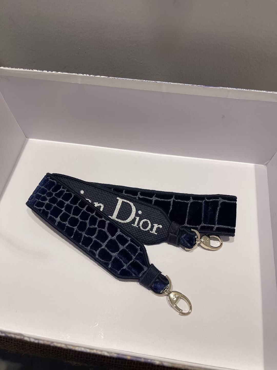 D*or medium lady d-lite bag in blue crocodile embroidered velvet
