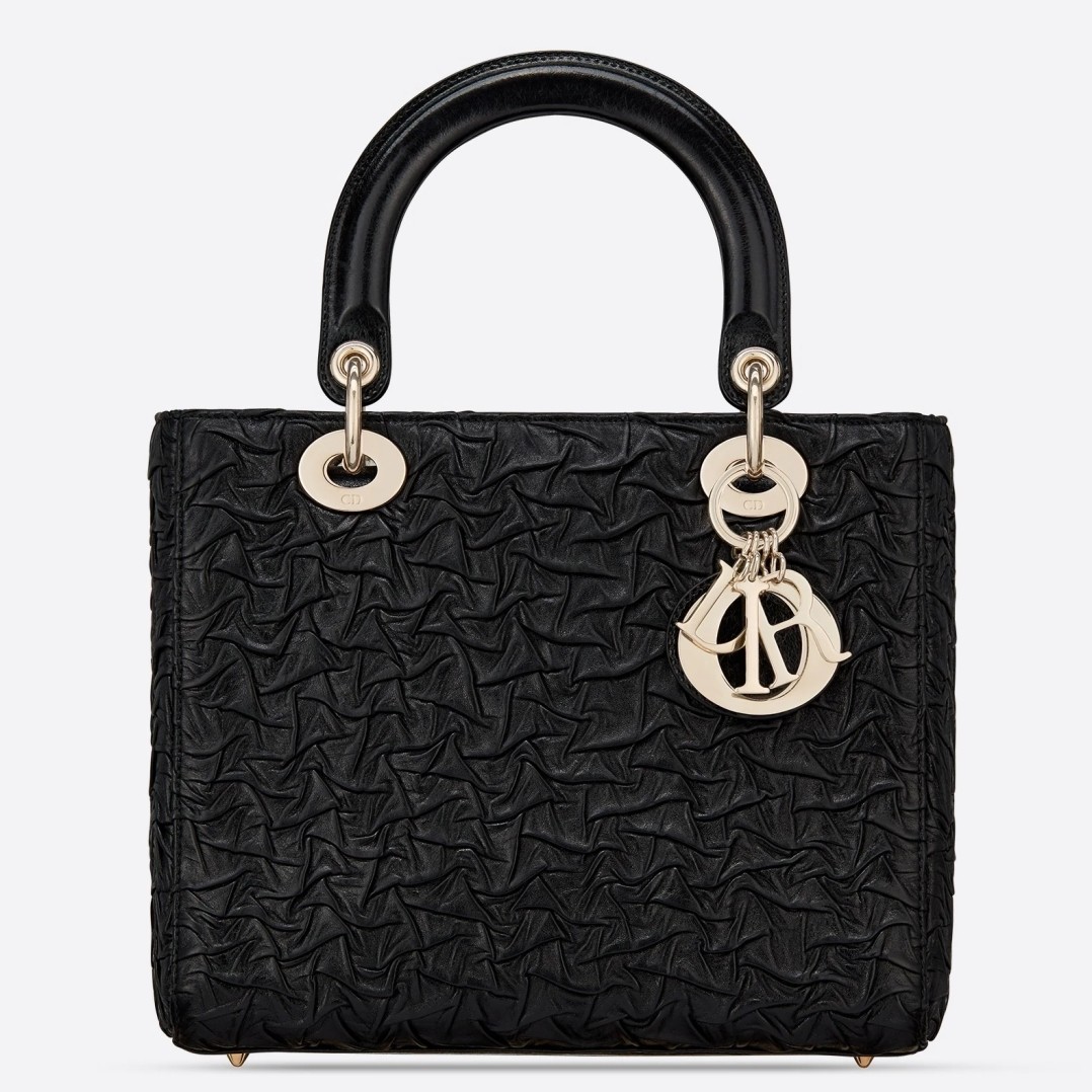 D*or lady D*or medium bag in black wavy crinkled lambskin