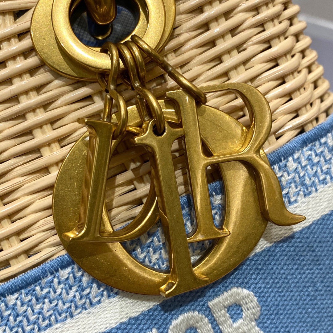 D*or medium lady D*or bag in wicker and light blue oblique jacquard