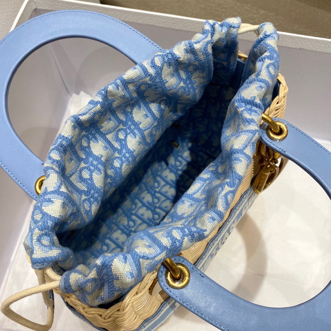D*or medium lady D*or bag in wicker and light blue oblique jacquard