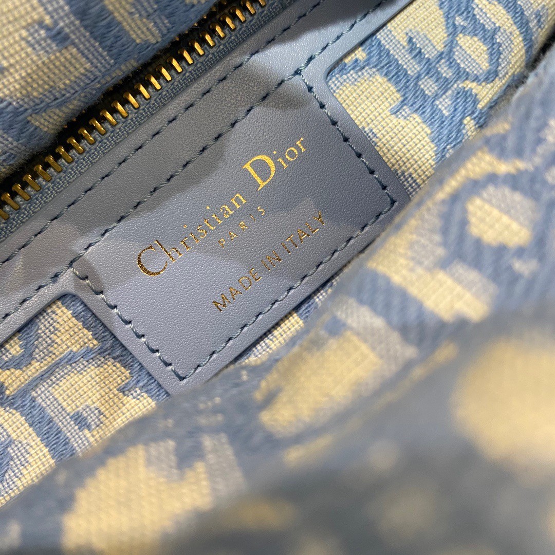 D*or medium lady D*or bag in wicker and light blue oblique jacquard