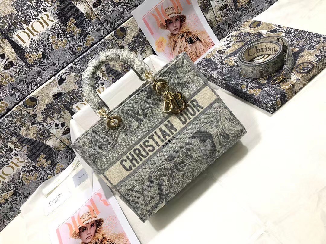 D*or large lady d-lite bag in gray toile de jouy reverse embroidery