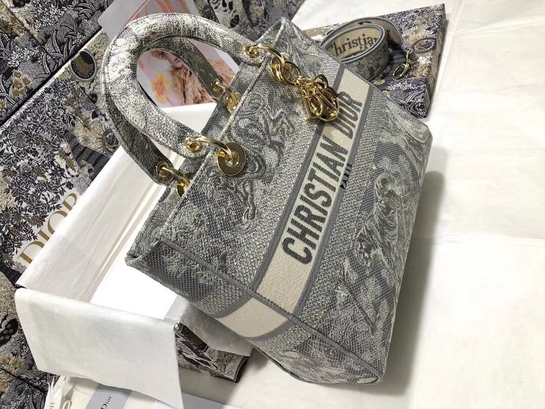 D*or large lady d-lite bag in gray toile de jouy reverse embroidery