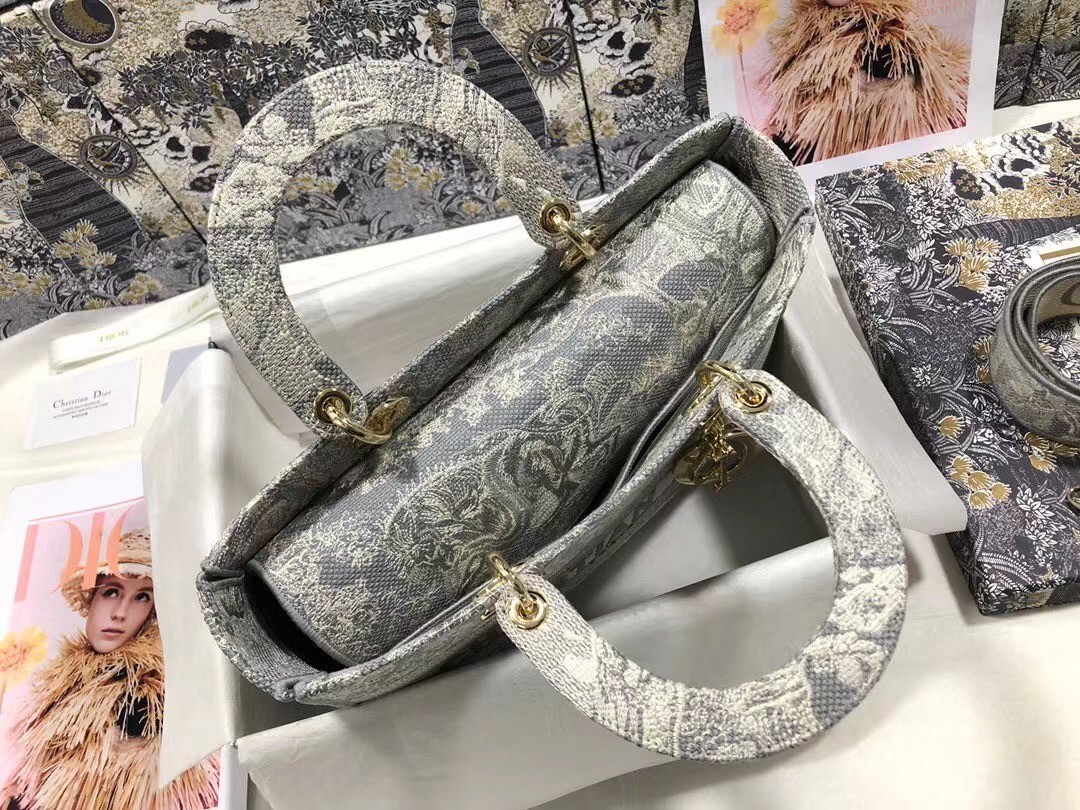D*or large lady d-lite bag in gray toile de jouy reverse embroidery