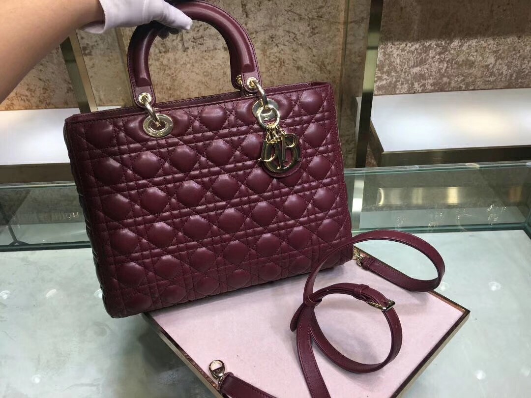 D*or large lady D*or bag in bordeaux cannage lambskin