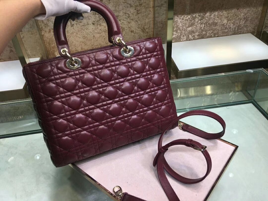D*or large lady D*or bag in bordeaux cannage lambskin