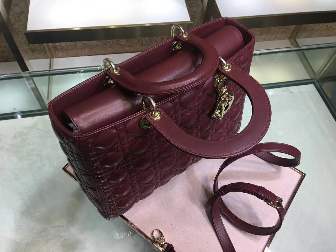 D*or large lady D*or bag in bordeaux cannage lambskin