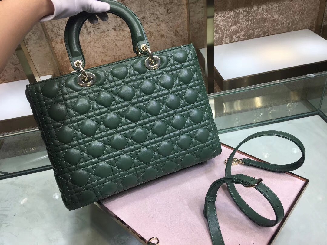 D*or large lady D*or bag in green cannage lambskin