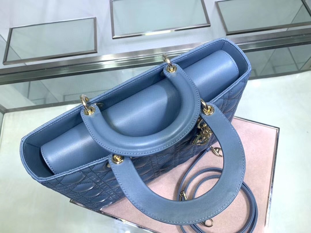 D*or large lady D*or bag in denim blue cannage lambskin