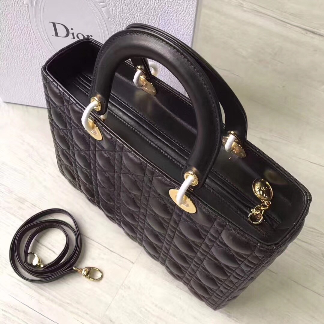 D*or large lady D*or bag in black lambskin