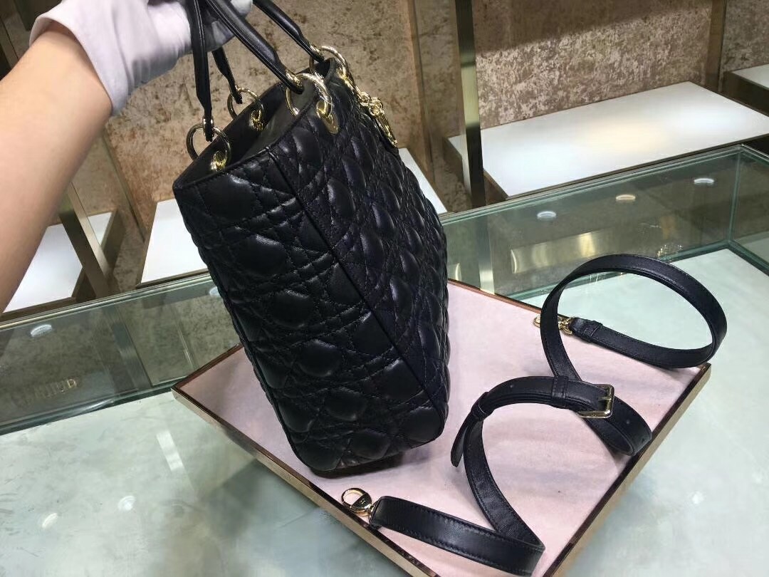D*or large lady D*or bag in black cannage lambskin