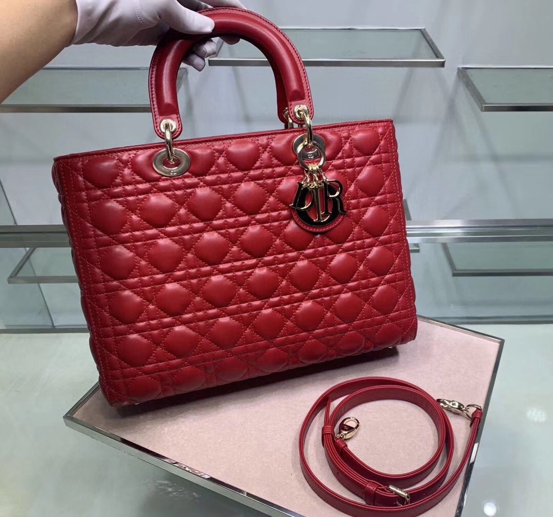 D*or large lady D*or bag in red cannage lambskin