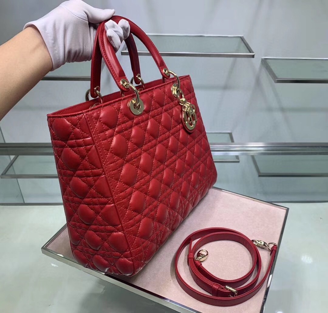 D*or large lady D*or bag in red cannage lambskin
