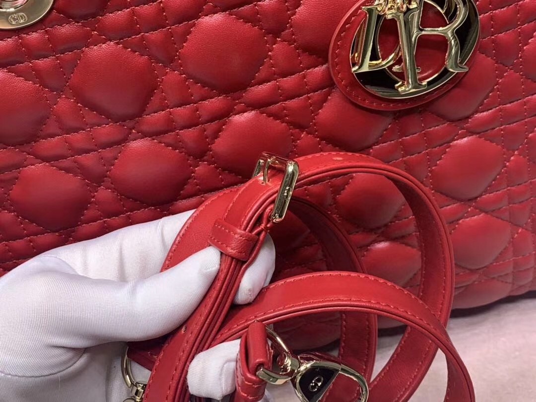 D*or large lady D*or bag in red cannage lambskin