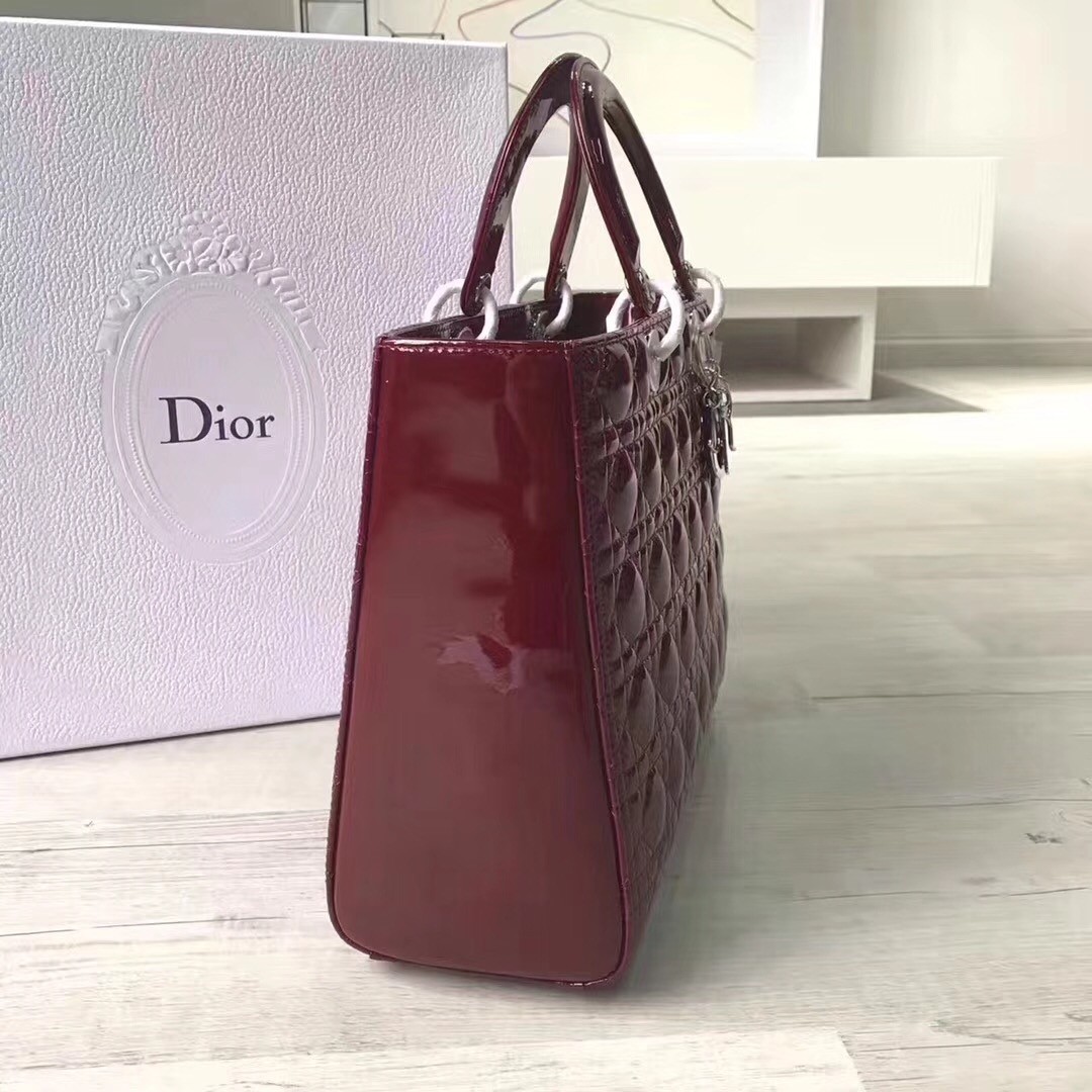 D*or large lady D*or bag in bordeaux patent leather