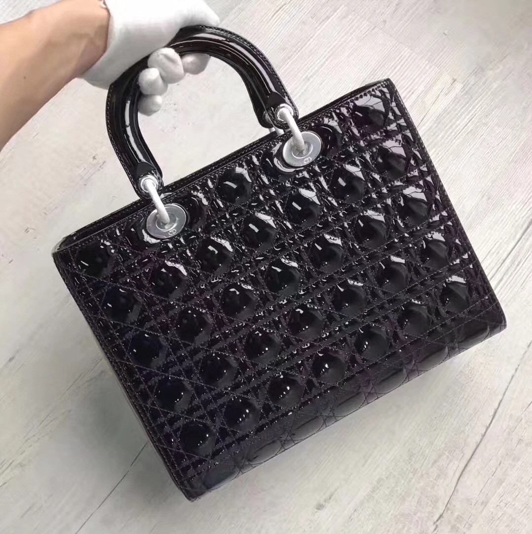 D*or large lady D*or bag in black patent leather