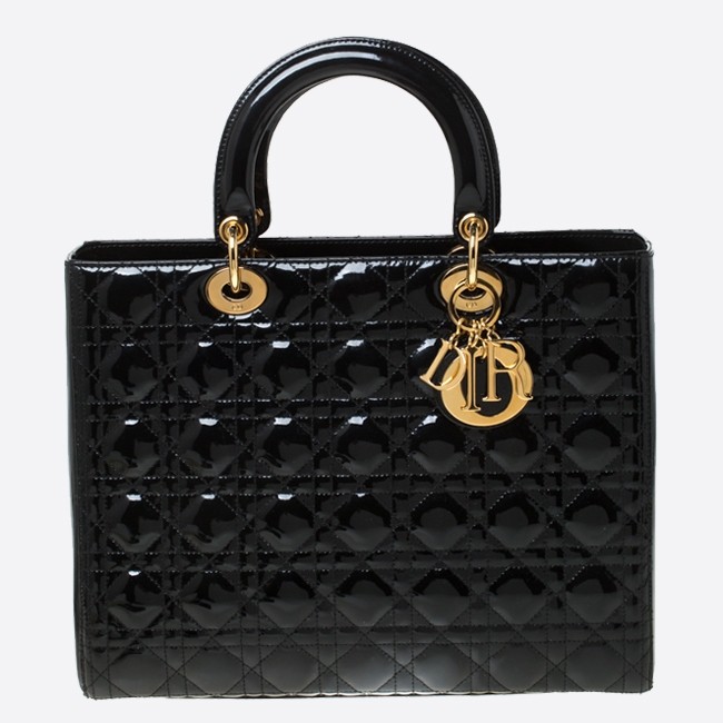 D*or large lady D*or bag in black patent leather