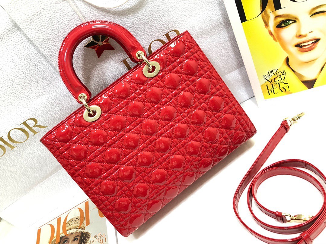 D*or large lady D*or bag in red patent cannage calfskin