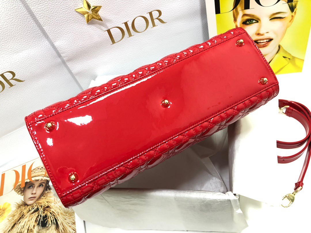 D*or large lady D*or bag in red patent cannage calfskin