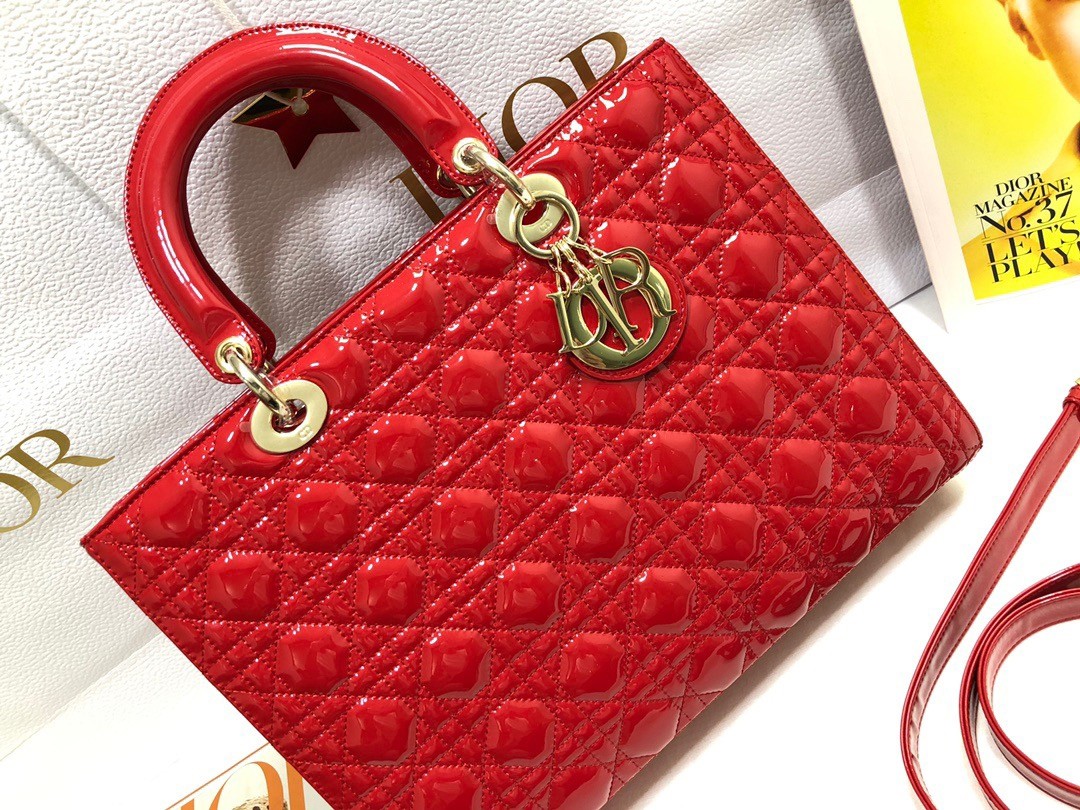 D*or large lady D*or bag in red patent cannage calfskin