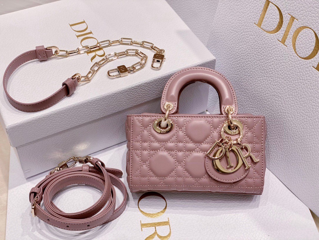 D*or lady d-joy micro bag in peony pink cannage lambskin