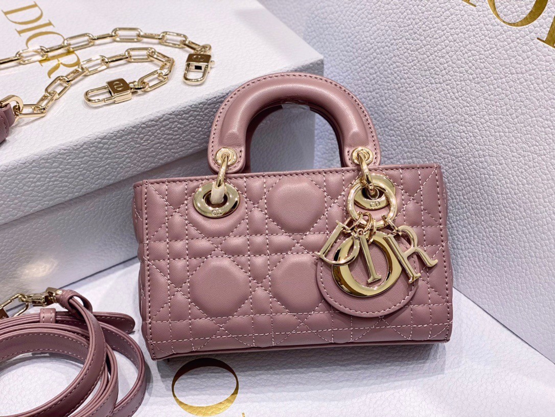 D*or lady d-joy micro bag in peony pink cannage lambskin