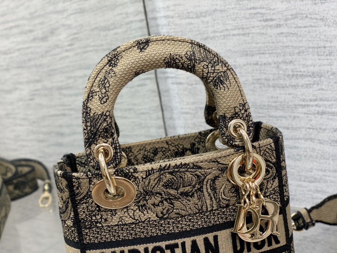D*or mini lady d-lite bag in brown toile de jouy embroidery