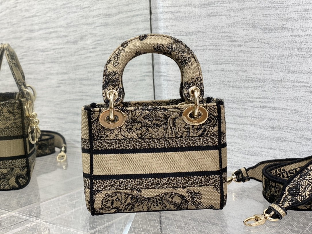 D*or mini lady d-lite bag in brown toile de jouy embroidery